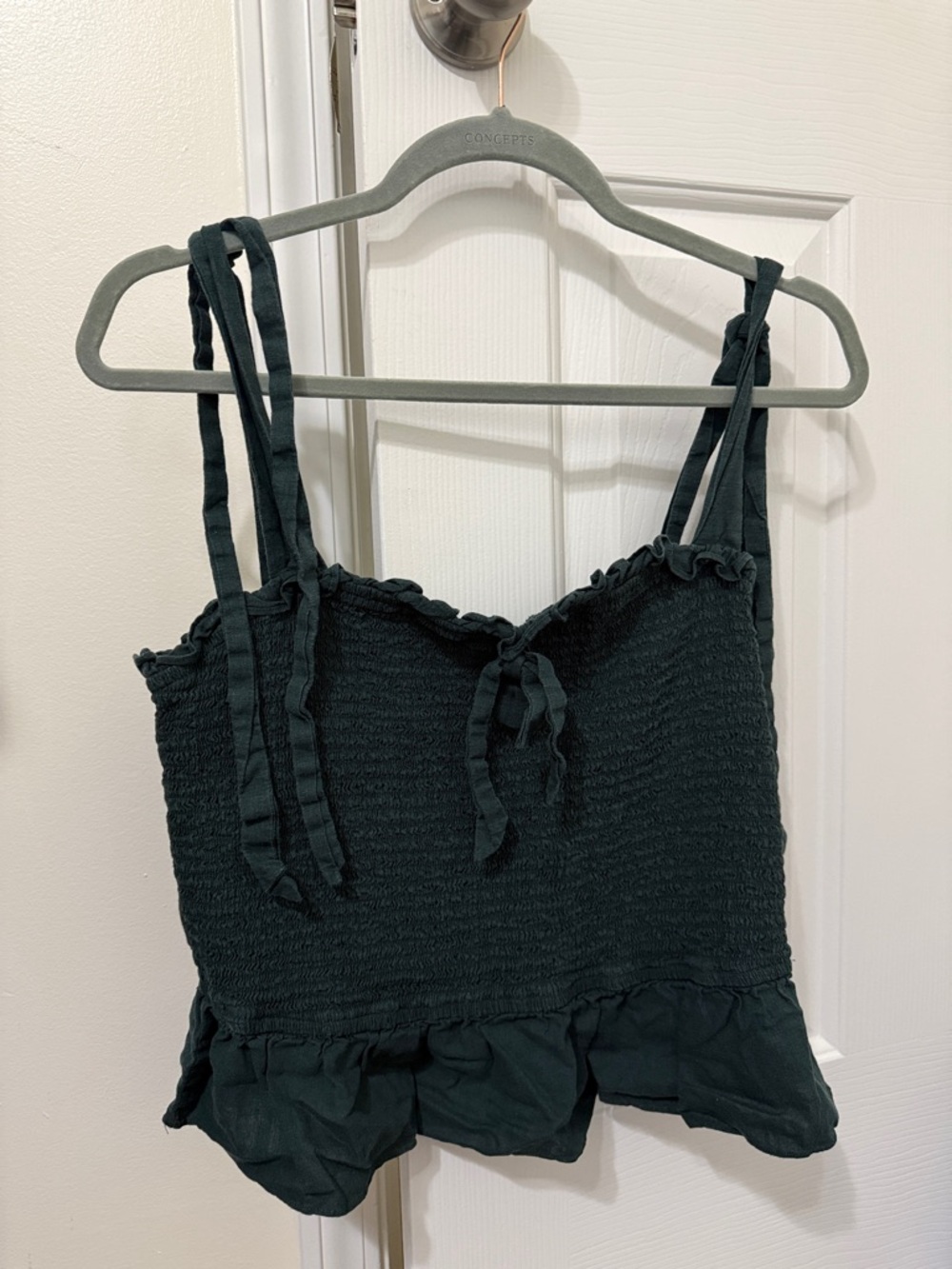 Ruffled Smocked Tie-Strap Crop Top in Dark Green